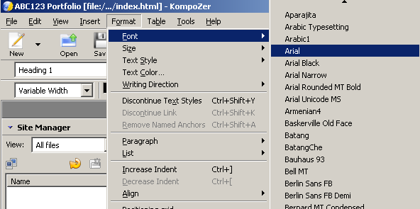 KompoZer Select Font Button Location Screenshot