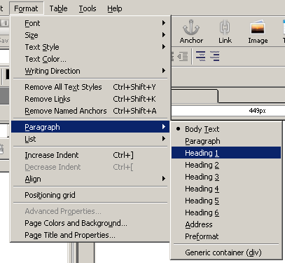 KompoZer Format Heading Screenshot