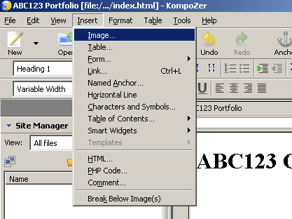 KompoZer Insert Image Button Location Screenshot