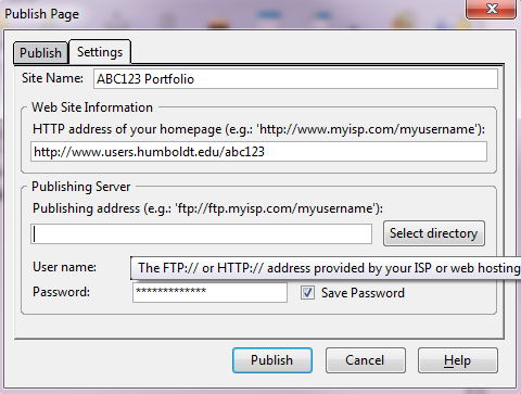 KompoZer Publish Page Dialog Window Screenshot