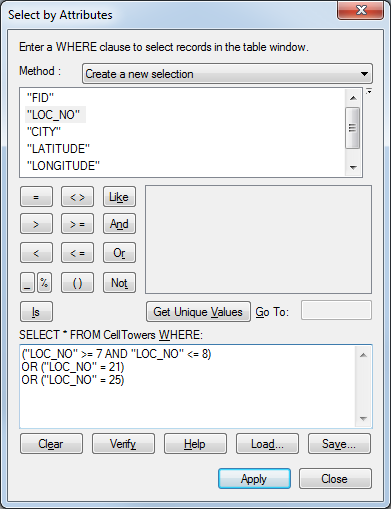 Select by attributes with LOC NO selection entered