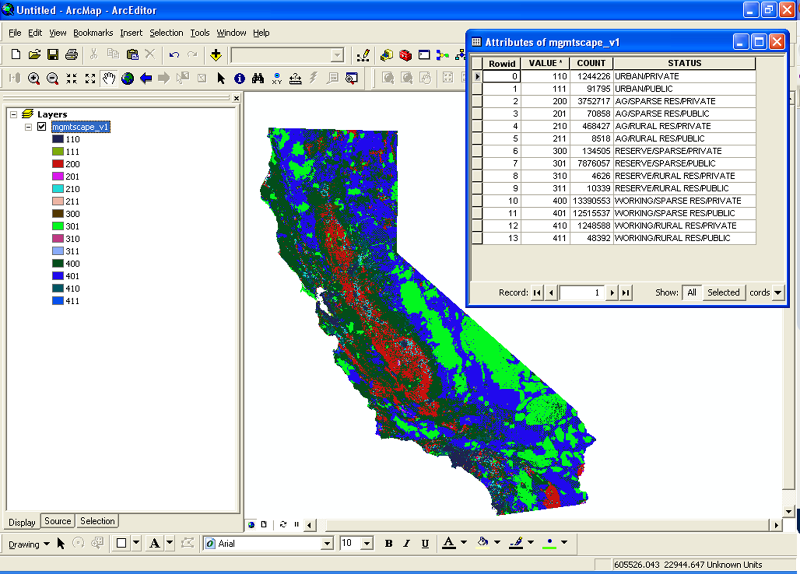 An image of a land cover raster loaded into ArcGIS with the table of associated codes