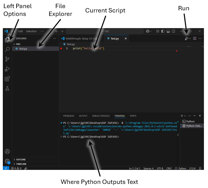 Image of the VSC Gui showing the run button, left panel options, file explorer, current script and where python outputs text.
