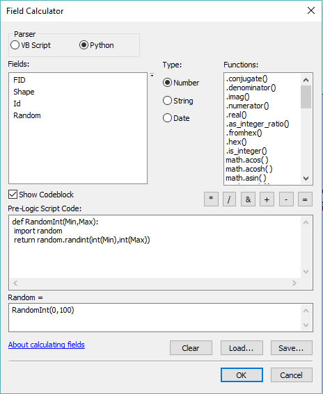 Image of field calculator with the Python code to generate random numbers