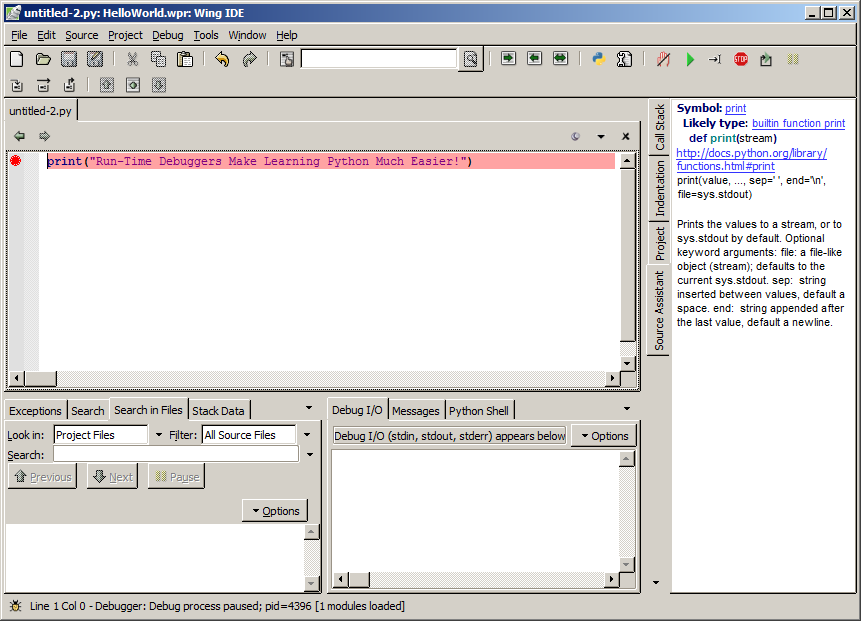 Screen shot showing a red bar appearing on the line where the breakpoint was encountered.